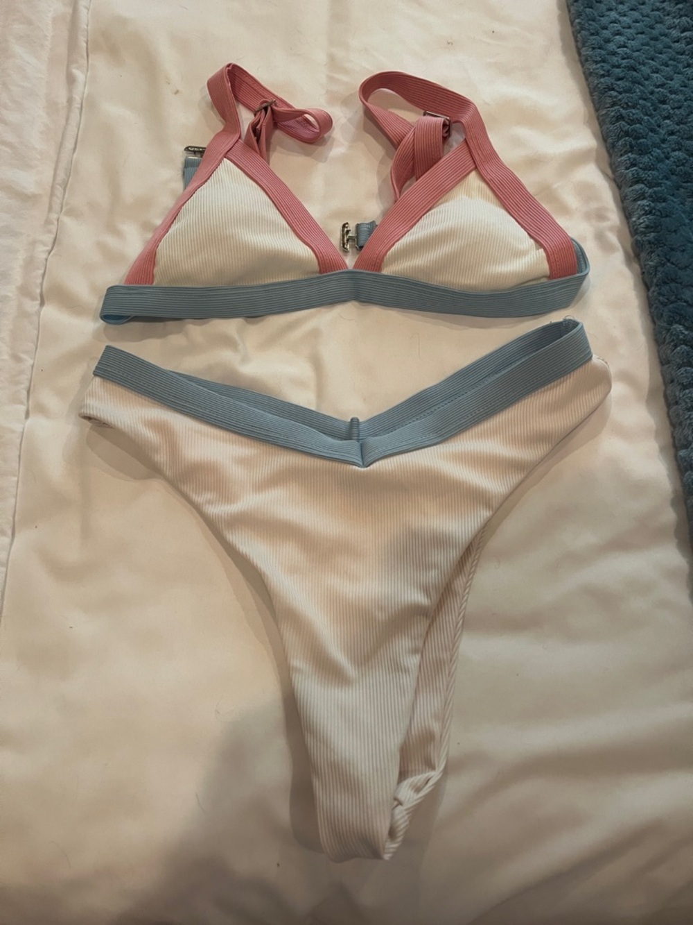 White Ribbed Bikini Set with Pink Trim and Blue Band